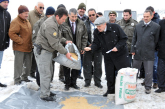 Karaman’da protokol ve basın mensupları kuşlara yem verdi