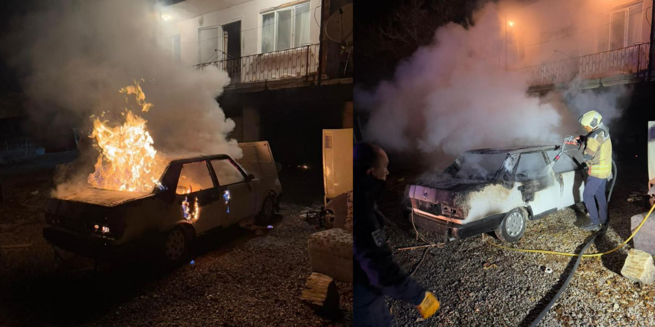 LPG tesisatı patlayan Tofaş otomobil alev alev yandı