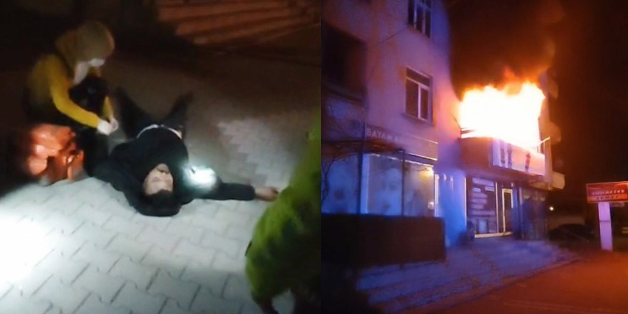 Alevler içinde bayılan 2 kardeşi polisler kurtardı