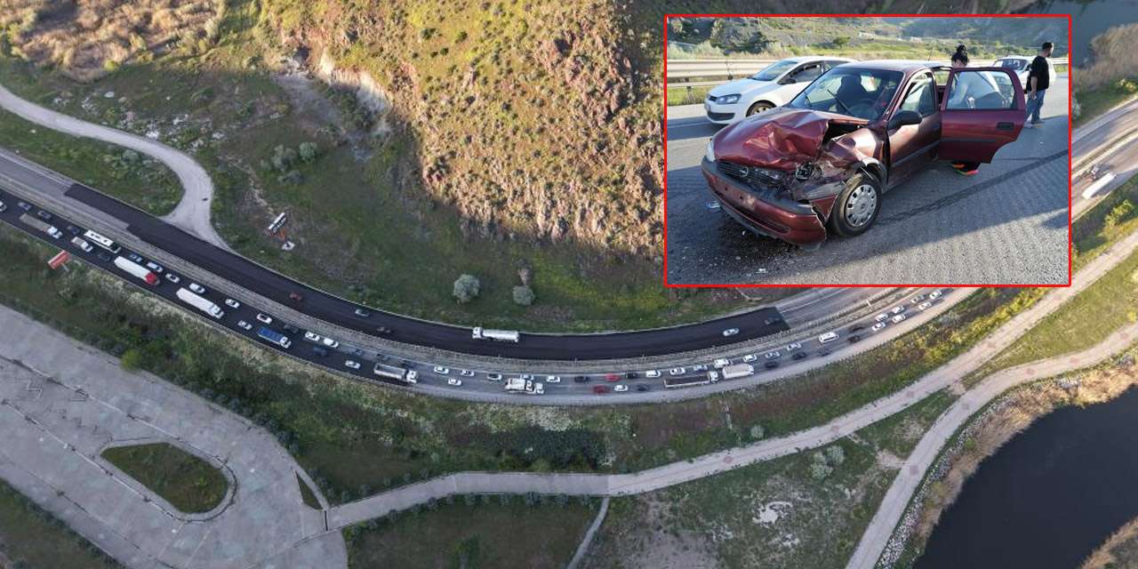 İki otomobil çarpıştı, 3 kişi yaralandı: Trafik yoğunluğu havadan görüntülendi