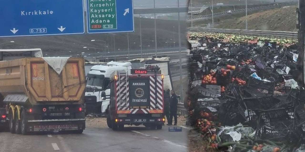 Konya-Kırıkkale kara yolu üzerinde meyve ve sebze yüklü tır bariyerlere çarptı: 1 yaralı