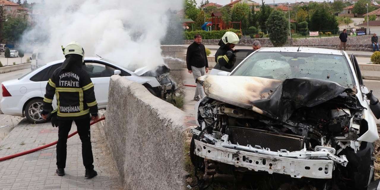 Kırıkkale’de feci kaza: Bahçe duvarına çarpan araç alev alev yandı